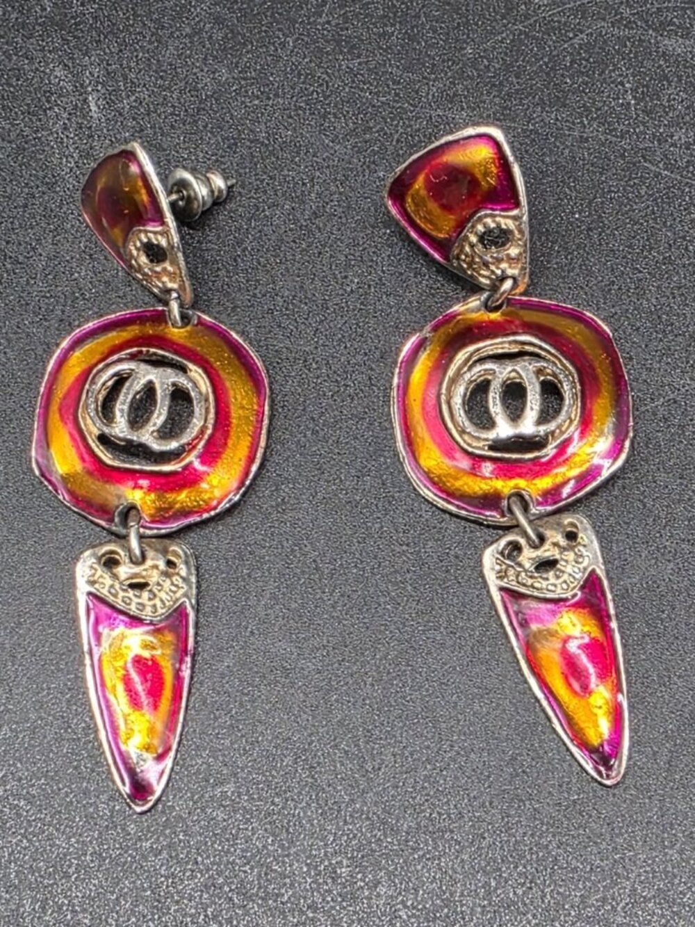 Vintage Bold Abstract 1980/ 1990's Enamel Dangle Earrings Retro Boho Statement